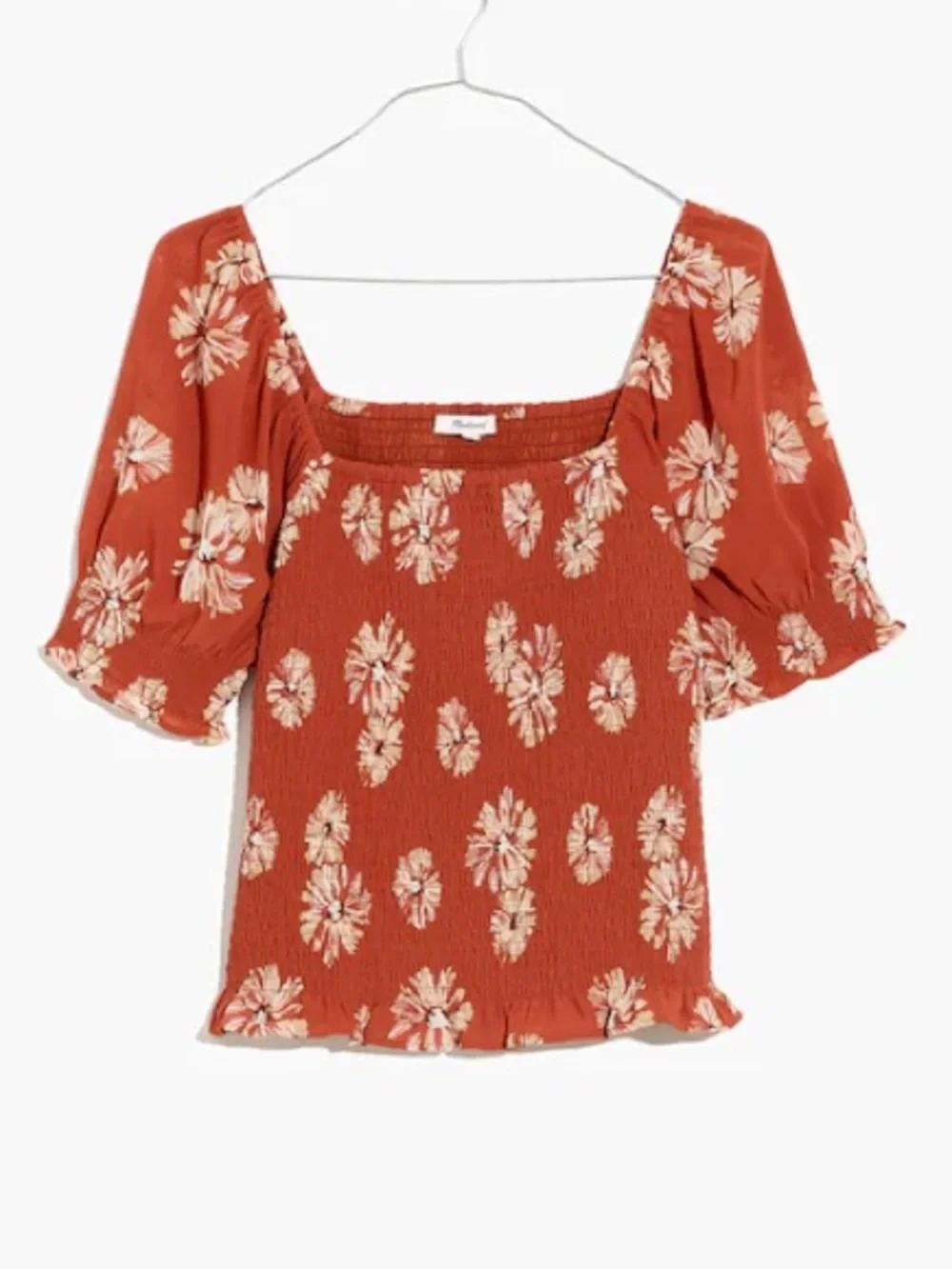 Madewell Georgette Lucie Puff Sleeve Smocked Bodice Top in Moody Blooms Rust S